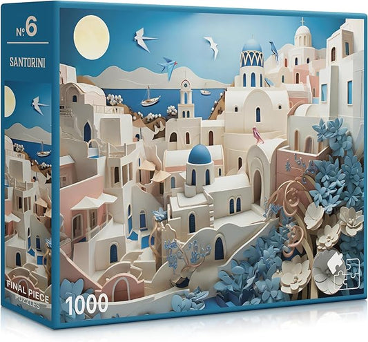 Santorini (#6) – 1000 Piece Jigsaw Puzzle for Adults | Premium European Blue Board | Satin Low-Glare Finish | Ribbon Cut | Bonus Poster | Display-Worthy Box | Printed in USA | Final Piece Puzzles