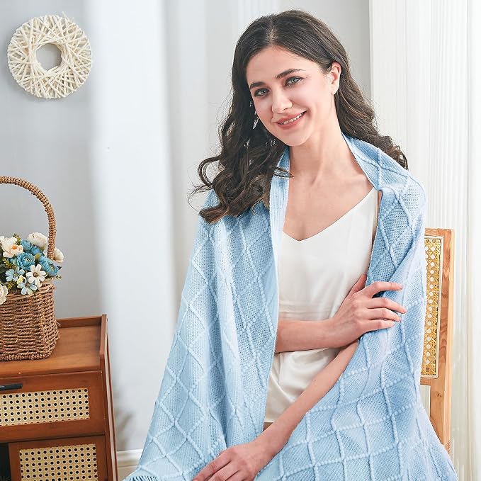 inhand Sky Blue Knitted Throw Blanket for Couch and Bed, 50"x60" | Soft Living Room Home Decor Knitted Blanket with Tassel, Outdoor Lightweight Breathable , Farmhouse Warm Woven Decorative