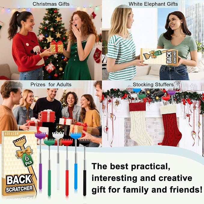 HOFASON 6 Pack Back Scratcher, Stocking Stuffers for Men Teens Women, Christmas Small Bulk Gifts for Adults Men Teens Women, Party Favors Prizes for Adults, White Elephant Gag Birthday Gifts