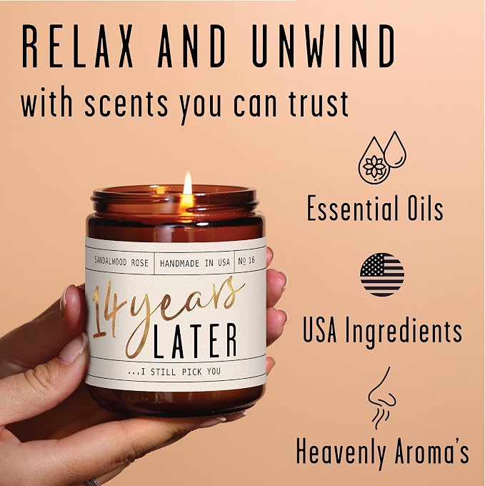 14 Year Anniversary Gift for Her - '14 Year Later' Candle, w/Sandalwood Rose - infused w/Essential Oils I 14th Anniversary Gifts for Wife I 14 Year Wedding Anniversary Gifts I 50Hr Burn I USA Made