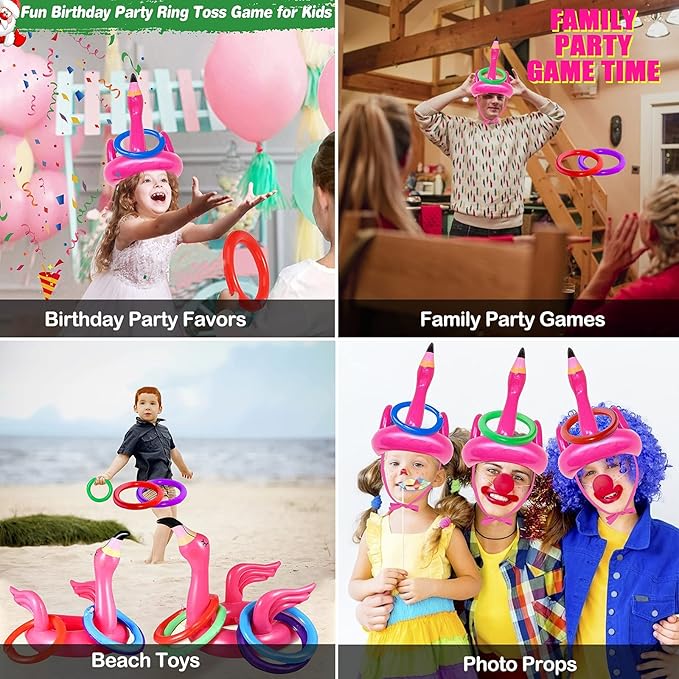 Camlinbo 15 Pcs Inflatable Flamingo Pool Toys Ring Toss Pool Game, Flamingos Luau Party Decor Hawaiian Beach Toys Carnival Outdoor Luau Party Games Supplies for Adults Family
