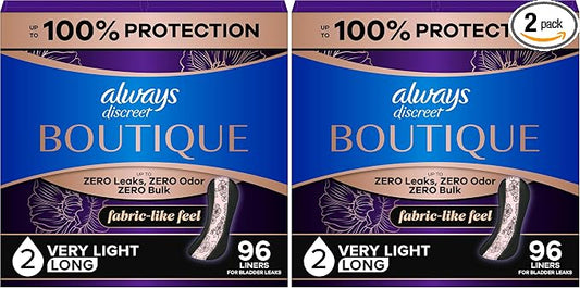 Always Discreet Boutique Incontinence Panty Liners for Bladder Leaks, Size 2, Very Light Absorbency, Long Length, 96 Count (Pack of 2)