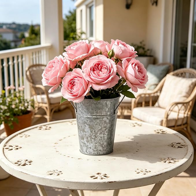 Hosley Set of 2 Galvanized Finish Bucket Vase with PVC Liner 5" Dia x 7" H, Ideal Gift for Floral Arrangements Wedding Home Office Party DIY Indoor Outdoor Garden Patio