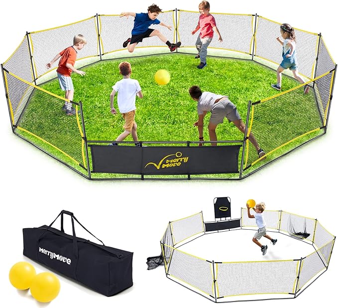 Gaga Ball Pit Portable: 15FT 3in1 Gaga Pit with Basketball Hoop and Soccer Goals - Play System for Kids 4 to 12 Years Old Indoor Outdoor for Backyard School Camp Activities
