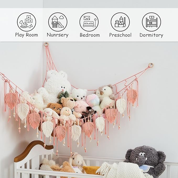 Pretty Jolly Macrame Stuffed Animal Hammock with Beads Hand Woven Leaf Tassels Corner Hanging Net Boho Plush Holder for Kid Room Nursery Decor Easy Install Organizer for Girls Gift(Leather Pink)