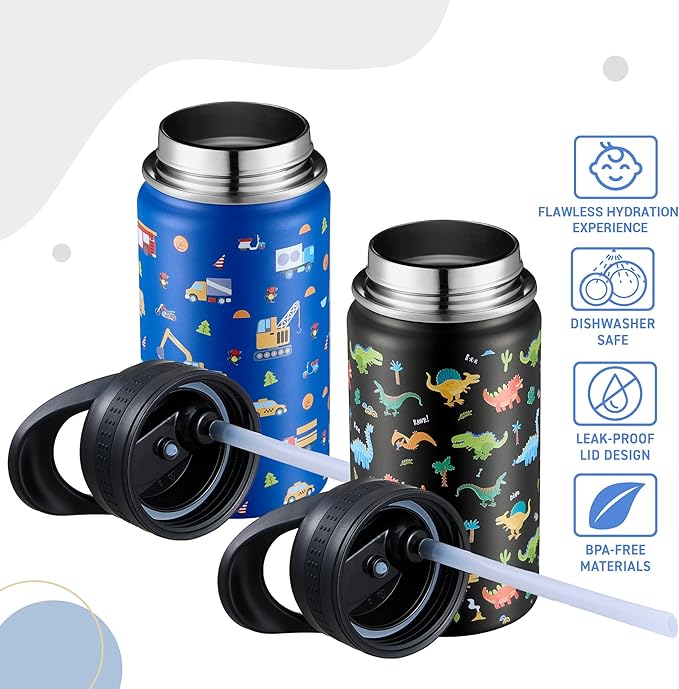 2 Pack Kids Water Bottle,14oz Stainless Steel Insulated Water Tumbler Leak-Proof,School Water Mug,Small and Portable,Suitable for Boys and Girls to Use(Black dinosaur + Blue car)