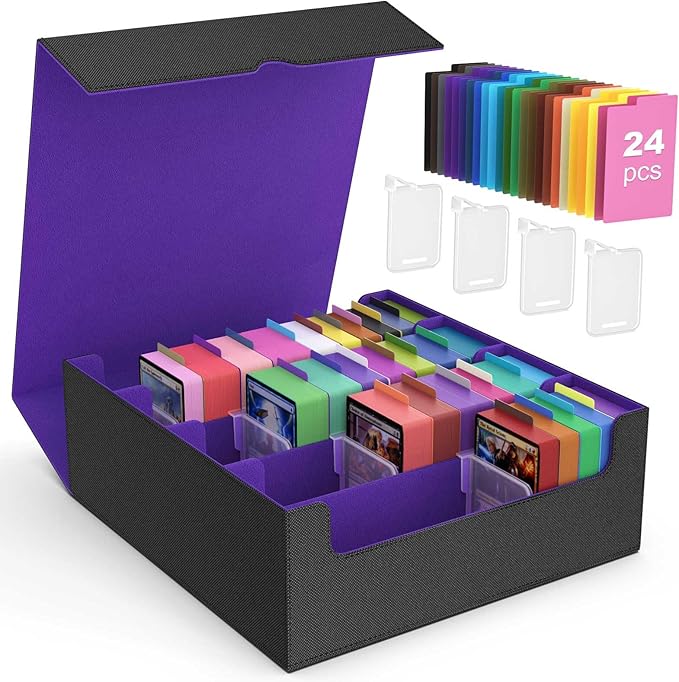 MoKo Trading Card Storage Box, 3000+ MTG Deck Box with 24 Colorful Dividers & 4 Card Supporters, Commander Card Deck Case Fits for Magic Game Cards, YugiOh, TCG, PTG and Sport Cards, Black Purple