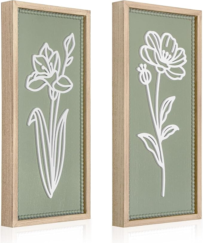 Sage Green Bathroom Wall Decor Set of 2, Framed 3D Wooden Floral Wall Art | Raised white floral cutouts in rectangular frames, ready to hang; rustic boho farmhouse decor for bedroom and hallway walls