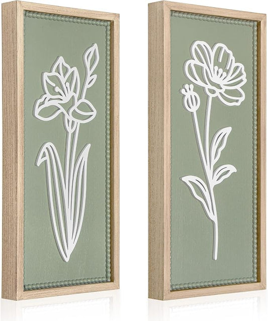Sage Green Bathroom Wall Decor Set of 2, Framed 3D Wooden Floral Wall Art | Raised white floral cutouts in rectangular frames, ready to hang; rustic boho farmhouse decor for bedroom and hallway walls