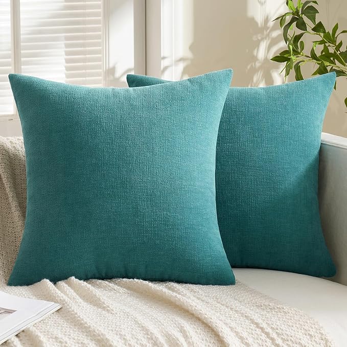 MIULEE Teal Chenille Couch Throw Pillow Covers, 20x20 | Set of 2, Soft Coastal Home Decor, Modern Farmhouse Decorative Pillowcases for Sofa Living Room Bed