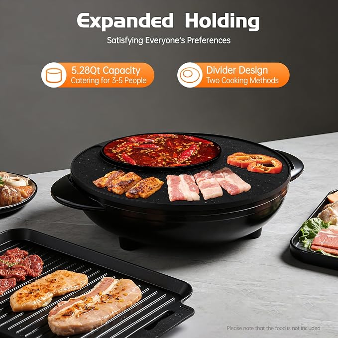 Hot Pot with Grill 2 in 1, Multifunctional Smokeless Korean Barbecue Grill, Indoor Electric Hotpot Grill Combo, Capacity for 3-5 People, Non-stick Black 110v