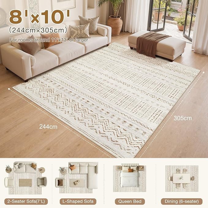 cotiled 8x10 Area Rugs Living Room Rug: Washable Boho Rugs with Non Slip Backing Large Soft Indoor Stain Resistant Carpet for Bedroom Farmhouse Dining Room Lightweight Home Decor Brown/Cream