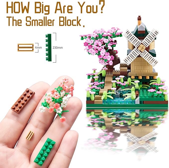 Architecture River Windmill Tree Cute Micro Mini Building Blocks Sets Trees Flowers for Girls, Idea Cherry Blossom Present Toy Model Kit 600+ pcs
