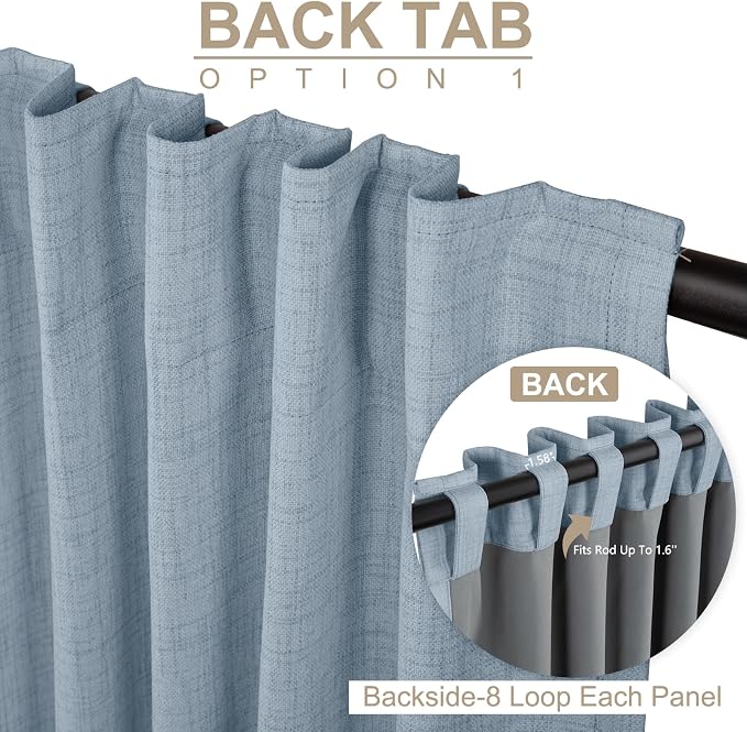 100% Blackout Shield Dusty Blue Linen Blackout Curtains for Bedroom 96 Inches Long, Back Tab/Rod Pocket Living Room Drapes, Thermal Insulated Blackout Curtains 2 Panels Set, 50" W x 96" L