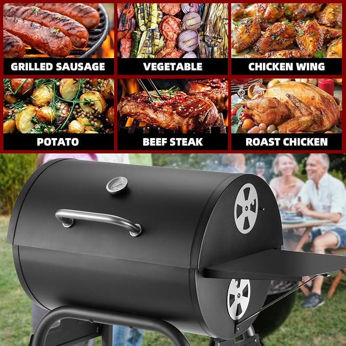 Charcoal Grill Outdoor BBQ Grill, Barrel Charcoal Grills with Side Table, with Nearly 500 Sq.In. Cooking Grid Area, Outdoor Backyard Camping Picnics, Patio and Parties, Black by DNKMOR