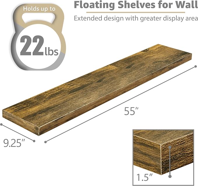 Sorbus Floating Shelves for Wall - 55 Inch Extra-Long Bathroom Shelves, Wall Decor for Bedroom, Kitchen, Living Room, Book Storage - Mounted Floating Shelf with Hidden Brackets (Rustic Brown, 2 Pack)