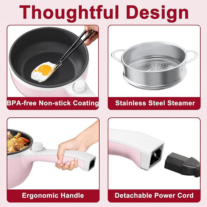 Dezin Electric Pot with Steamer, 1.5L Non-Stick Portable Hot Pot Electric | Dual Power, Upgraded 600W Electric Pot for Cooking Steak, Egg, Soup, Ramen Cooker for Dorm, Travel, RV, Office, Pink Pan