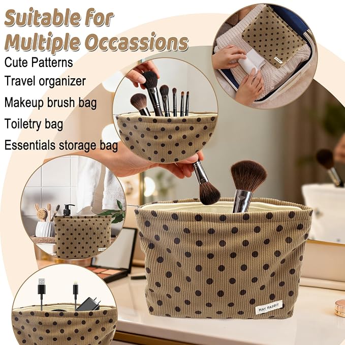 ZLFSRQ Corduroy Makeup Bag for Women Girls Cute Polka Dot Cosmetic Bag for Purse Large Capacity Trendy Zipper Makeup Pouch Toiletry Pouch Aesthetic Skincare Make Up Essentials Organizer Bags (Brown)