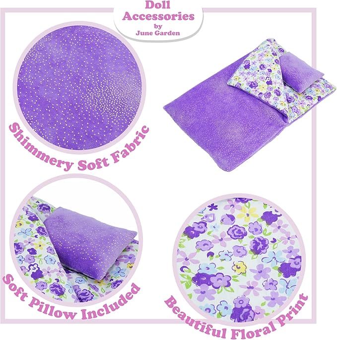 June Garden Cozy Dream Reversible Doll Sleeping Bag - 2-Piece Playset Doll Accessory with Pillow - Fits 14" American Girl Dolls - Gifts for Girls 2 3 4 Year Old
