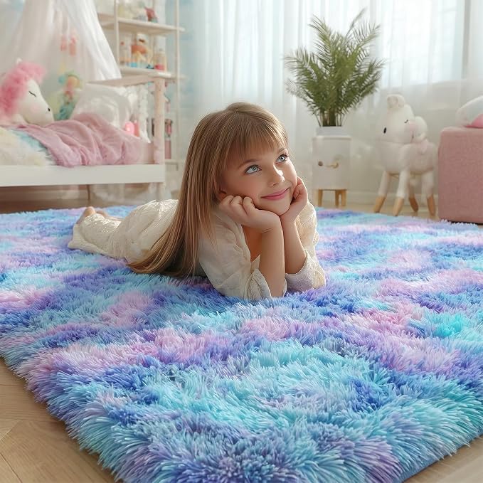 PAGISOFE Cute Kawaii Rugs for Girls Bedroom, 5x8 Rainbow Purple Area Rug, Soft Fluffy Shag Rug for Girls Room Baby Kids Playroom Nursery Classroom Plush Furry Mermaid Rug, Fuzzy Pastel Colorful Carpet