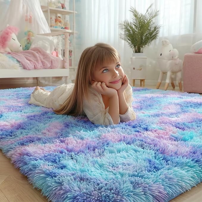 PAGISOFE Furry Rainbow Rugs for Bedroom Girls, 2x3 Soft Purple Shag Tent Rugs for Livingroom, Kids Room, Nursery, Home Decor, Fluffy Fuzzy Adorable Carpet, Plush Mermaid Kawaii Throw Rug, Accent Rug