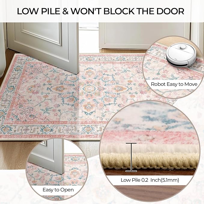 CAPALOCA Square 8ft Washable Nursery Girls Low Pile Area Rug Pink Teal | Non-Slip Soft Rugs for Bedroom Kids Playroom Living Room, Print Pattern Water Repellent Carpet Indoor Decor