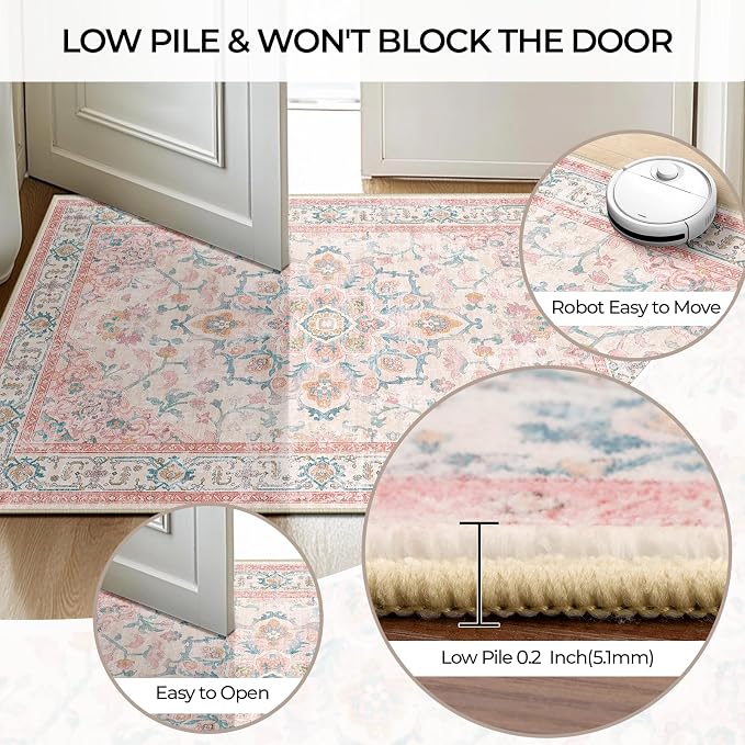 CAPALOCA 4x6 Washable Nursery Girls Low Pile Area Rug Pink Teal | Non-Slip Soft Rugs for Bedroom Kids Playroom Living Room, Print Pattern Water Repellent Carpet Indoor Decor