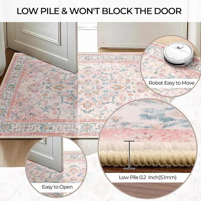 CAPALOCA 9x12 Washable Nursery Girls Low Pile Area Rug Pink Teal | Non-Slip Soft Rugs for Bedroom Kids Playroom Living Room, Print Pattern Water Repellent Carpet Indoor Decor