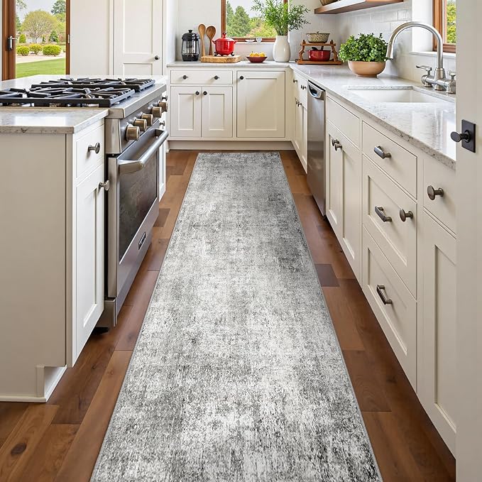 RELEANY Washable Runner 2'x8' Abstract Area Rug for Hallway Gray White | carpet for kitchen, entryway, bathroom, living room, bedroom, printed pattern, non-slip, soft, stain-resistant, easy to clean