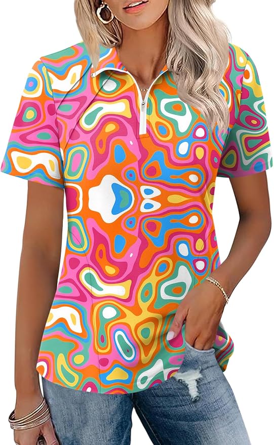 LOMON Womens Golf Polo Shirt Summer Short Sleeve Quarter Zip Outfit | Side-Pockets,Princess Seams,Cotton,Wrinkle Free,Moisture Wicking,Quick-Dry,Lightweight,Collared,for Tennis Workout