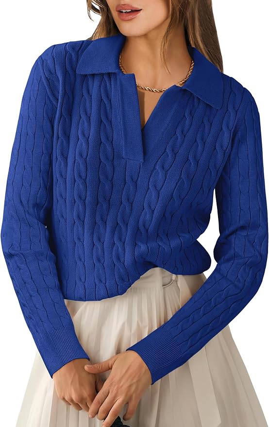 ANRABESS Womens Cable Knit Sweaters Long Sleeve V Neck | Pullover Collared Sweater Tops, Polo Knit Shirts, Business Casual Work, Tennis Golf, Fall Winter Fashion Outfits
