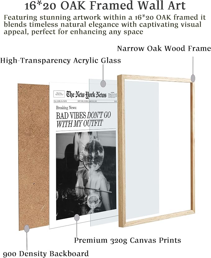 EcoHest 16x20 in Bad Vibes Don't Go With My Outfit Framed Wall Art | Solid Oak Wood Frame, Canvas Wall Art, Disco Fashion Newspaper Wall Decor for Bedroom, Apartment, Dorm, College Room, 1Pack