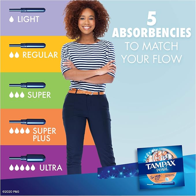 Tampax Pearl Tampons with Plastic Applicator, Super Plus Absorbency, Unscented, 50 Count - Pack of 6 (300 Count Total)