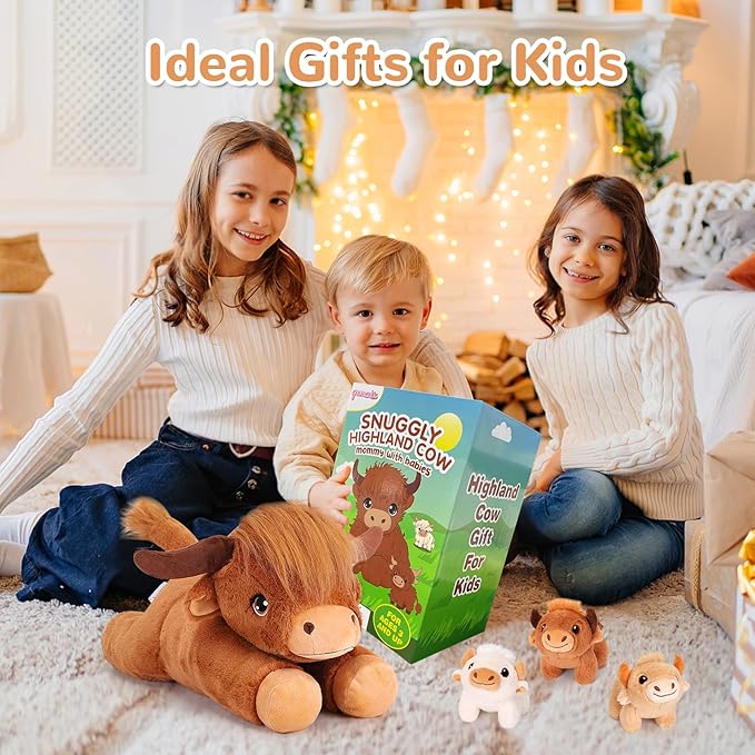 4 Pieces Highland Cow Stuffed Animals - 1 Mommy Stuffed Highland Cow with 3 Babies - Brown Cow Gifts for Girls Age 3-8, Cows Plush Toys for Christmas, Valentine's, Birthday Gifts (Brown)