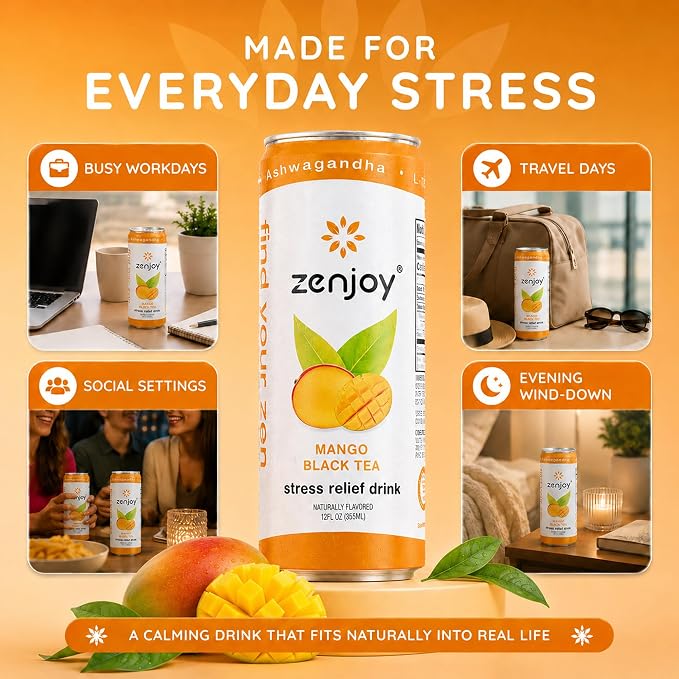 Zenjoy Adaptogen Drink Stress Relief Tea | Non Alcoholic Calming Drink w/Ashwagandha, Lemon Balm & L-Theanine for Focus | Stress Tea Calming Social Mocktail with Adaptogens (12 Pack, Mango)