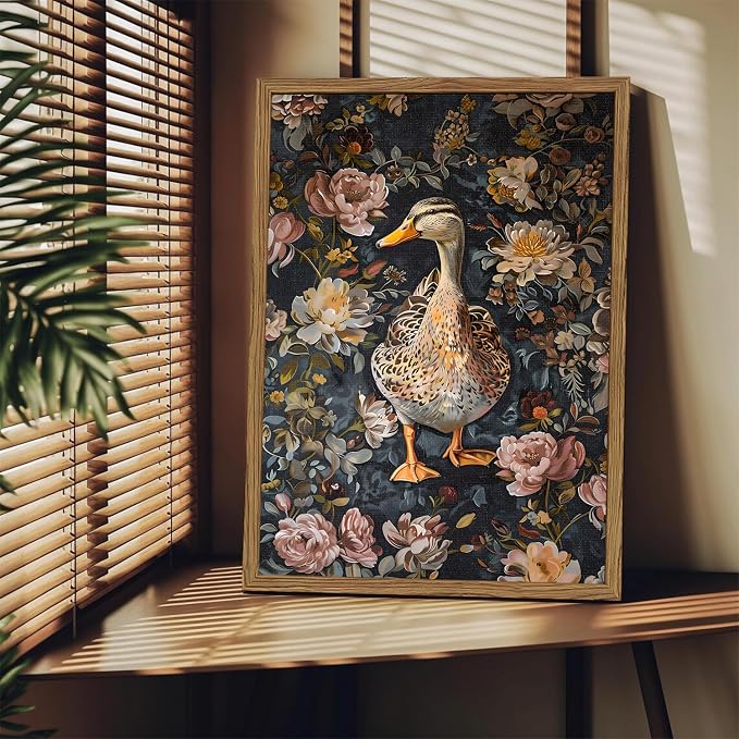 Vintage Mallard Duck Wall Art, Whimsical Dark Cottagecore Duck Wall Decor Painting Moody Animal and Botanical Poster Canvas Print for Living Room Bedroom 16x24 inch Wood Framed