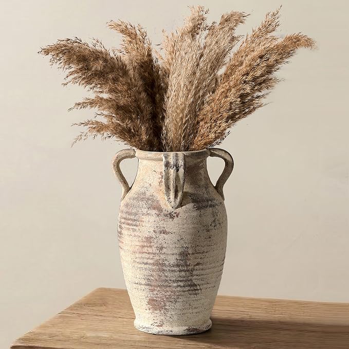 Emotionally Grounded Vase, Vaseking Large Ceramic Rustic Vase with 4 Handles, 10.83 inch Minimalist Decorative Farmhouse Tall Vases for Home Decor, Living Room, Enterway, Wedding, Fired Terra Clay