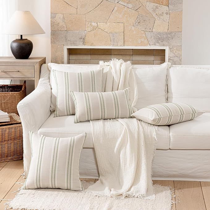 Hckot Striped Throw Pillow Covers 16x16 Set of 2 Grass Green Pillow Covers | Farmhouse Decorative Pillows Textured Linen Square Cushion Covers for Sofa Couch Bed Living Room Decor(Grass Green)
