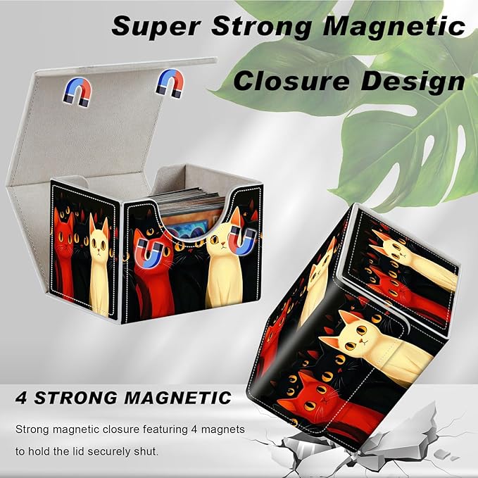 DEGDFSGR for TCG MTG Card Game Storage Box Organizer Trading Card Case Commander Deck Box Magnetic Closure Creative Pattern Up to 200 Cards, Red Cat Black Cat