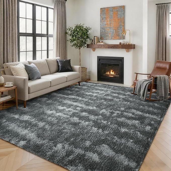 Area Rugs for Living Room 8x10 Feet, Soft Fluffy Shagg Plush Bedroom Rug Non-Slip,Large Carpet for Nursery Kids Dorm Home Decor Rippling Grey