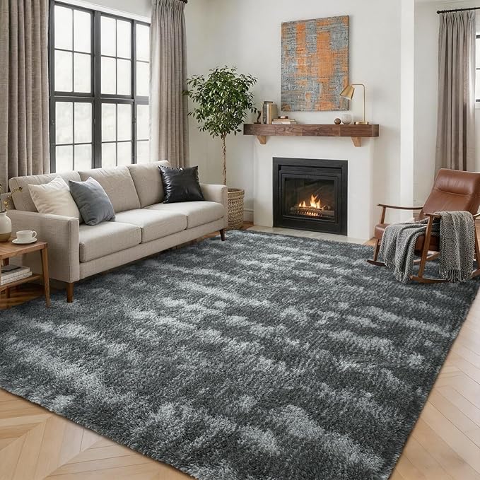 5x7 Ft Large Shag Rug for Living Room Bedroom,Tie-Dyed Ultra Soft Fluffy Furry Area Rug, Aesthetic Carpet for Indoor Floor Home Decor (Dark Grey)