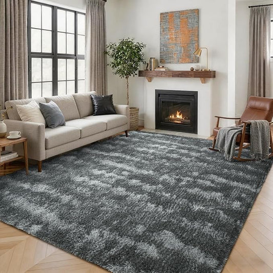 5x7 Ft Large Shag Rug for Living Room Bedroom,Tie-Dyed Ultra Soft Fluffy Furry Area Rug, Aesthetic Carpet for Indoor Floor Home Decor (Dark Grey)