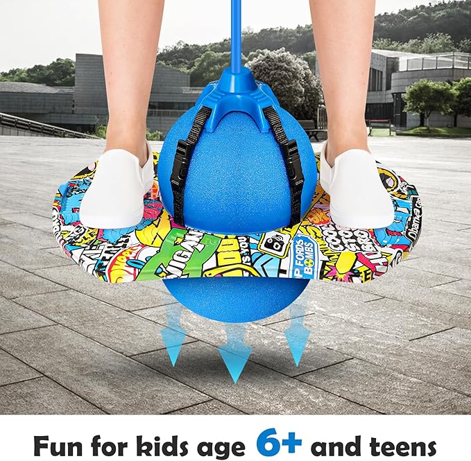 Pogo Ball with Handles for Kids & Adults, Balance Bounce Ball, Trick Board for Girls and Boys Ages 6 and up (Blue-Colourful)