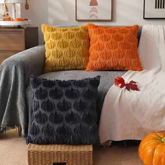 DFXSZ Fall Pillow Covers 16x16 2Pcs Yellow Pumpkin Fall Decoration for Home | Fall decor Set of 2 Throw Pillow Cases Soft Plush Faux Fur Wool Couch Cushion for Chair Sofa Bedroom Living Room Home Decor
