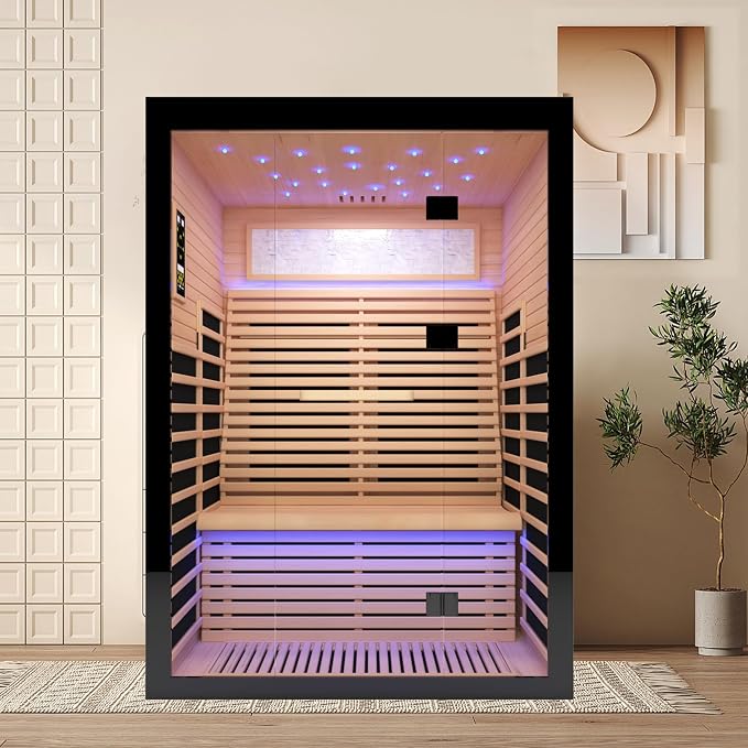 2 Person Infrared Sauna Home Indoor Sauna Canadian Hemlock Wooden Dry Sauna Room Low EMF 2160W with Oxygen Bar, 7 Color Therapy 53.1" x 47.2" x 74.8"
