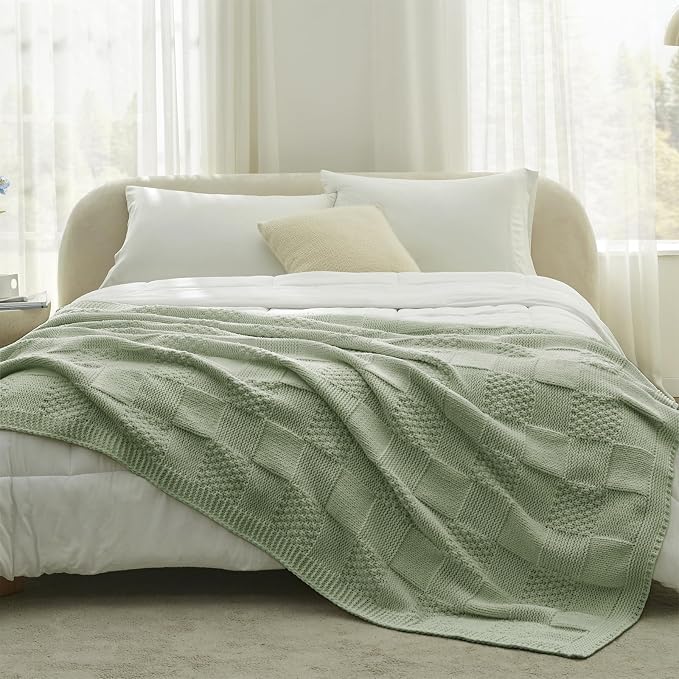Knit Throw Blanket, Soft Chenille Cozy Breathable Checkered Chunky Decorative Blanket for Couch, Bed & Sofa, French-Inspired Lightweight Warm Gift for Women, Sage Green, 50"x60"
