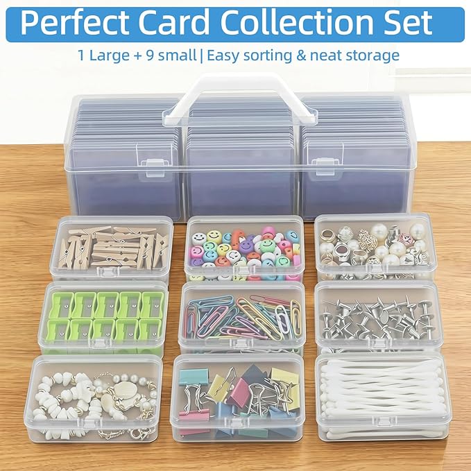 neotidy Trading Card Storage Box with 9 Individual Card Cases, Large Capacity Card Game Organizer for Top Loaders, MTG, Board Game & Playing Cards, Clear Plastic Card Storage Case with Insert Boxes