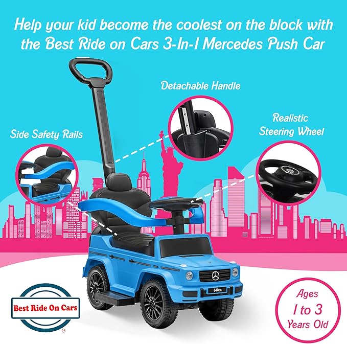 Best Ride On Cars Kids Outdoor Stroller Mercedes G-Wagon 3-in-1 Push Car with Detachable Handle, Safety Rails, and Working Horn, Blue