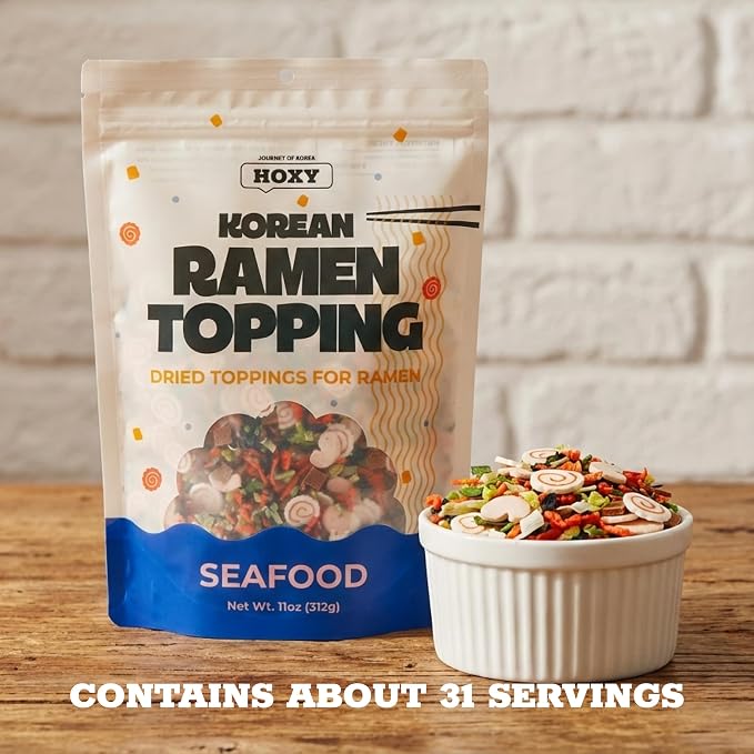 HOXY™ Korean Ramen Topping (Seafood Mix) 11oz Dried Topper for Noodles w/Narutomaki, Imitation Shrimp, Squid Flakes, Seaweed, Vegetables