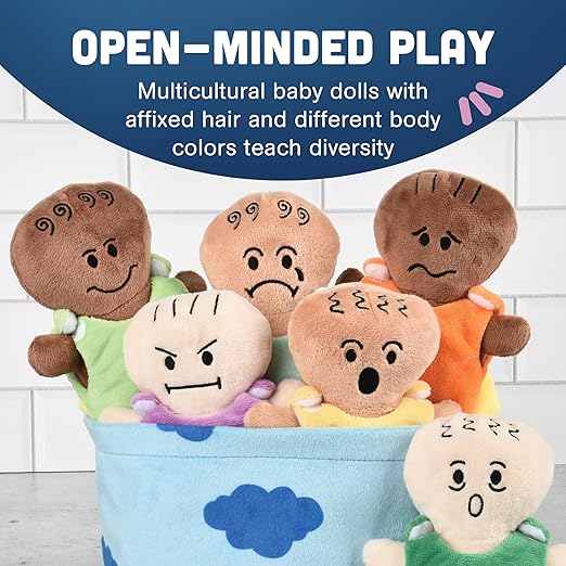 Constructive Playthings 6-Piece Expression Plush Baby Dolls Set for Social Emotional Learning, Plush Multicultural Sensory Cloth Babies Toy Set, Multicolor